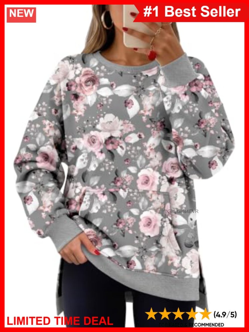 Oversized Fleece Crewneck Pullover Sweatshirt with Kangaroo Pocket
